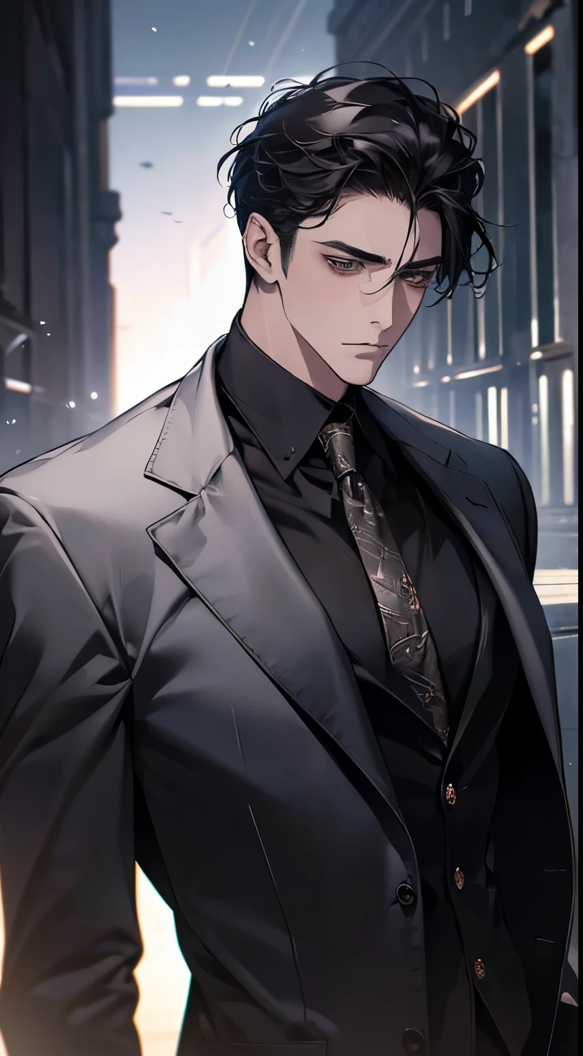 (best quality, masterpiece, 8K, photorealistic, cinematic lighting, 1:4 hdr image, ultra detailed, beautiful image), a mature man, very handsome, ((cold expression)), short black hair, black eyes, face perfect without mistakes, ((buttoning his jacket, CEO))