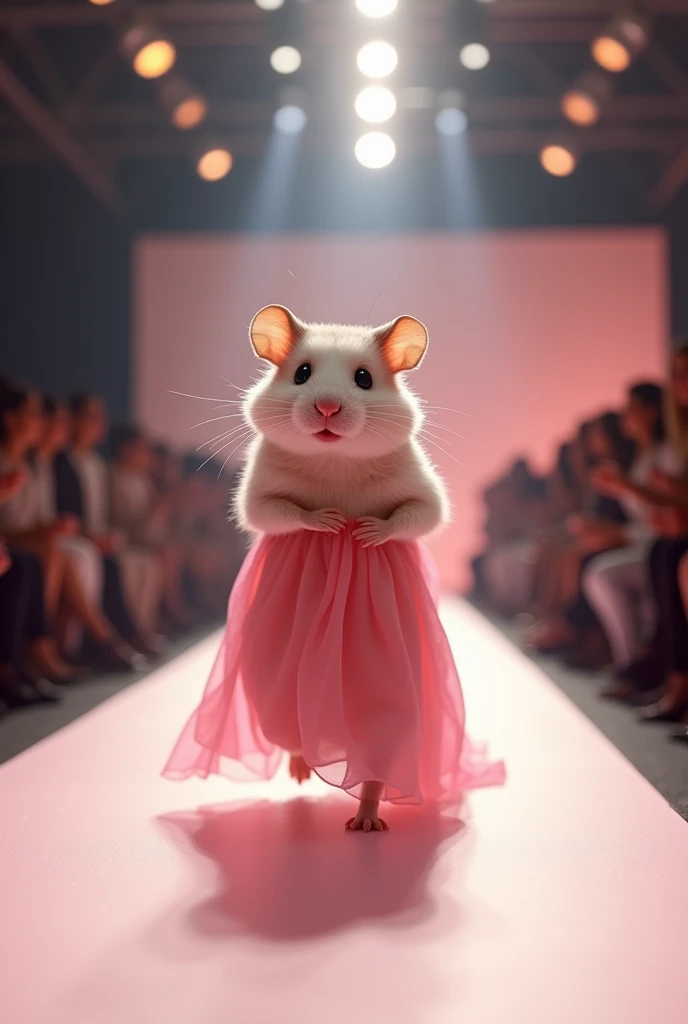 A beautiful Hamsters wearing pink maxi cloth walking down the runaway at a fashion show,