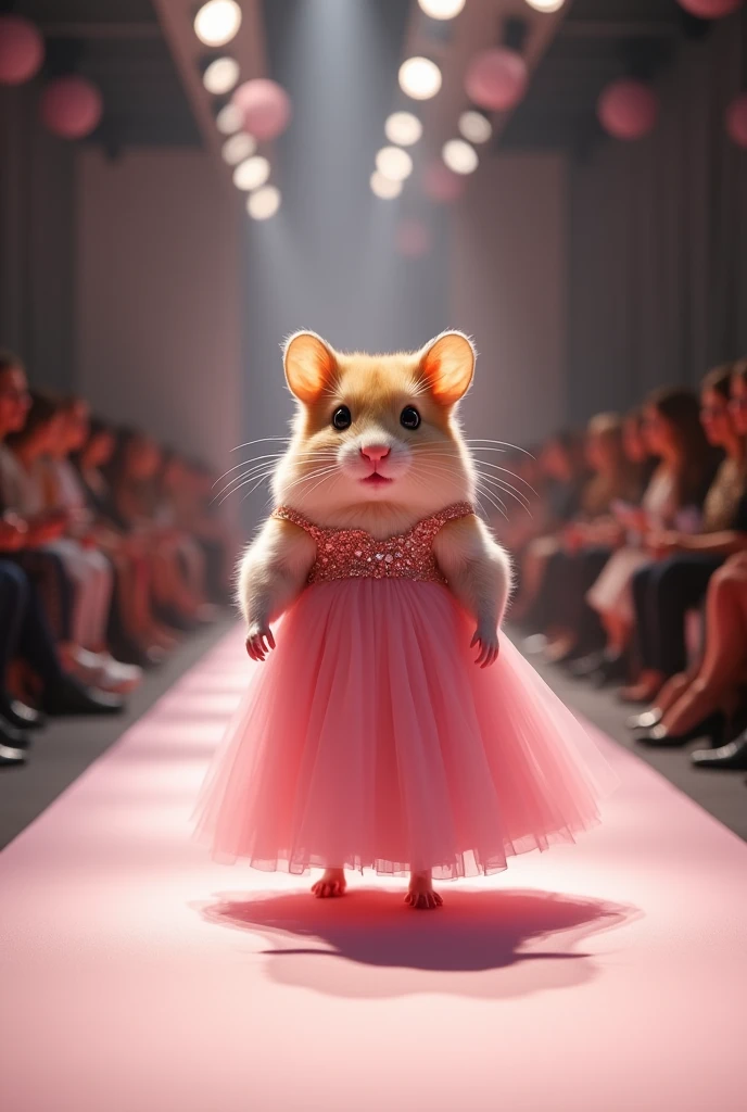 A beautiful Hamsters wearing pink maxi cloth walking down the runaway at a fashion show,