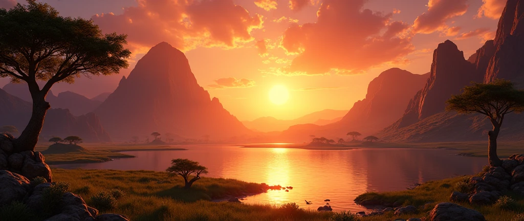 Stunning African wilderness landscape, beautiful sunrise over a tranquil lake, dramatic cinematic lighting, majestic rock formations, no animals or evil, breathtaking view, extreme detail, (best quality, 4k, 8k, high definition, masterpiece: 1.2), extreme detail, (realistic, realistic, photorealistic: 1.37), dramatic lighting, cinematic composition Pixar style close to the Lion King animation The land area is larger than the lake Trees and rocks Attention to precise theatrical perspective High quality on the scale of theatrical design Clear details