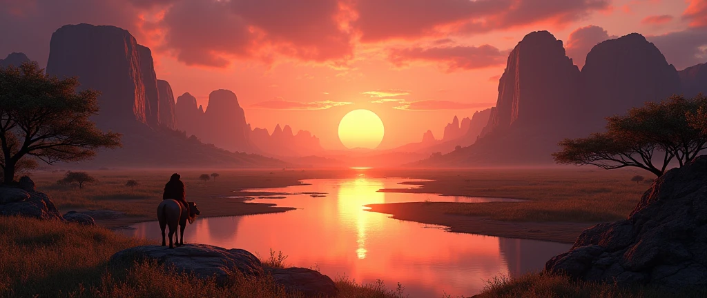 Stunning African wilderness landscape, beautiful sunrise over a tranquil lake, dramatic cinematic lighting, majestic rock formations, no animals or evil, breathtaking view, extreme detail, (best quality, 4k, 8k, high definition, masterpiece: 1.2), extreme detail, (realistic, realistic, photorealistic: 1.37), dramatic lighting, cinematic composition Pixar style close to the Lion King animation The land area is larger than the lake Trees and rocks Attention to precise theatrical perspective High quality on the scale of theatrical design Clear details