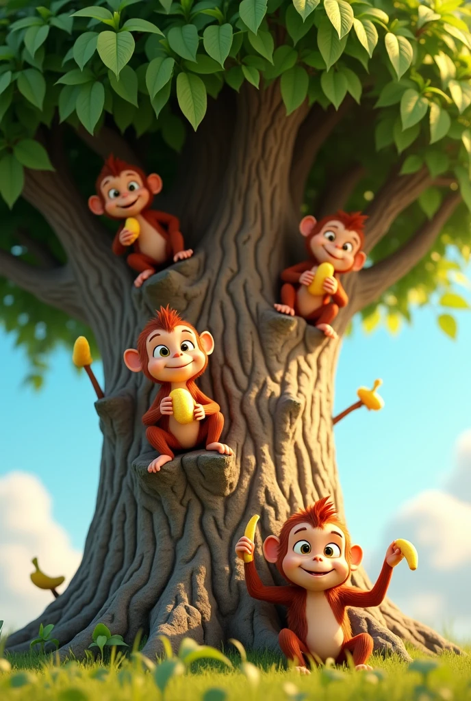 several little monkeys eating bananas on top of a big tree, 3D cartoon style, cinematic
