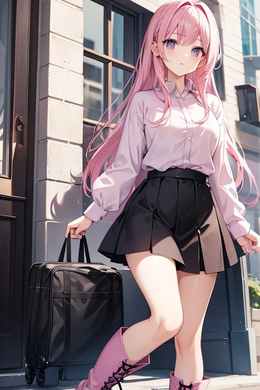 Pink haired female character, wearing a black skirt and a pink blouse , wearing boots, with lilac eyes