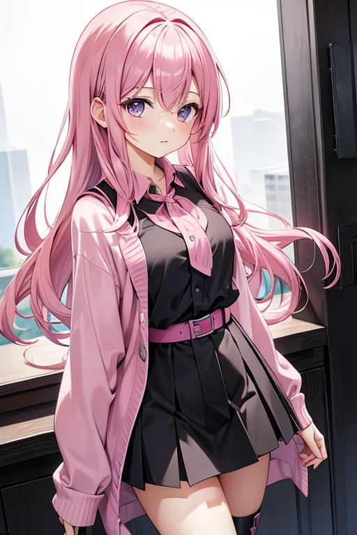 Pink haired female character, wearing a black skirt and a pink blouse , wearing boots, with lilac eyes