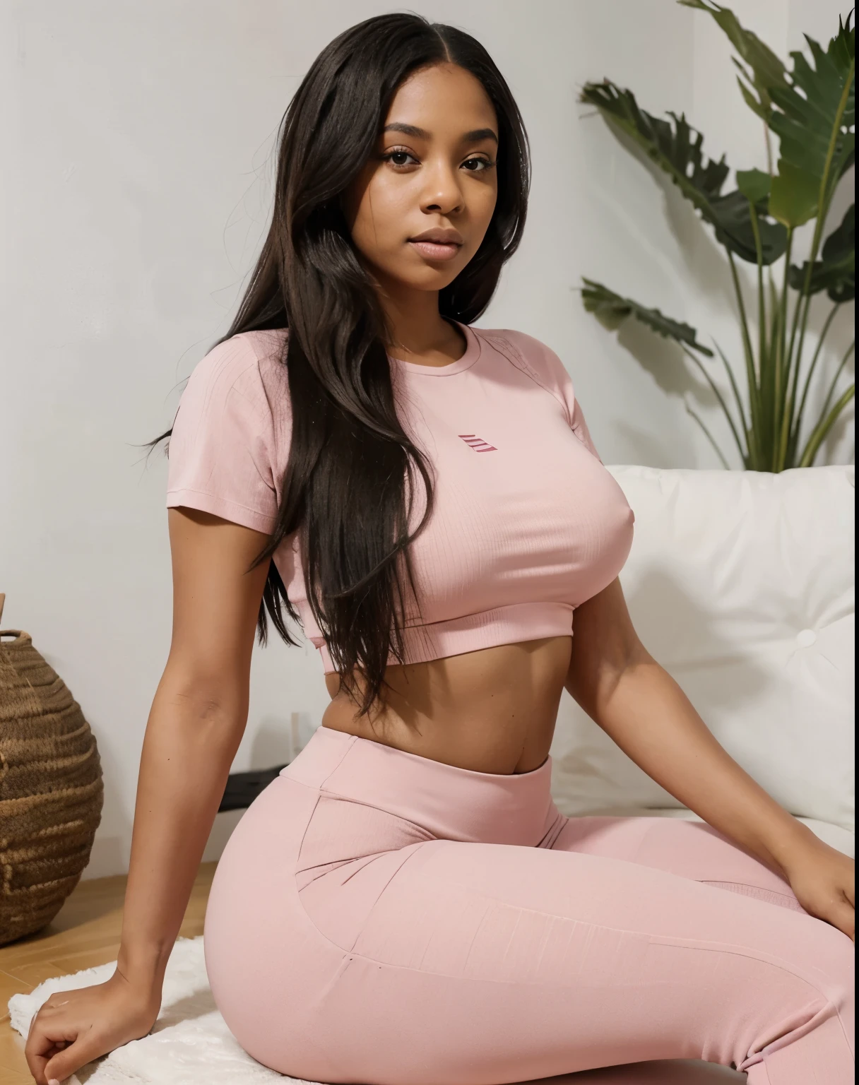 Mixed black ethnicity, curvy girl, long straight hair, wide hips, curvy body, small waist, wearing pink 2 Piece Lounge Outfits Slim Short Sleeve Tops Low Rise Flare Leggings Sets Yoga Sweatsuit, at a water parl