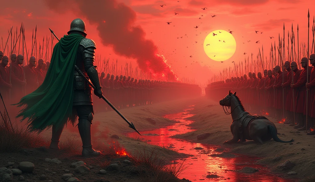 A men which are weared green + black battle suit and he fight with many red suit army near a small river, Sun set, blood sky, burning tent, a bloody ground, javelin, sword, Arrow everywhere on ground, Arrows from sky, fire woods, bloody hourse, freen men hands was cutted in battle