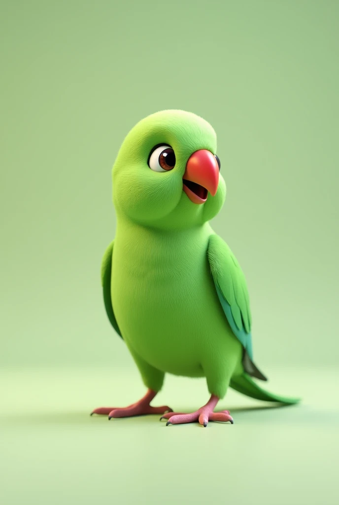 3d animation, Little green bird with a red beak, of the ring neck species Psitaculla krameri, on a neutral background