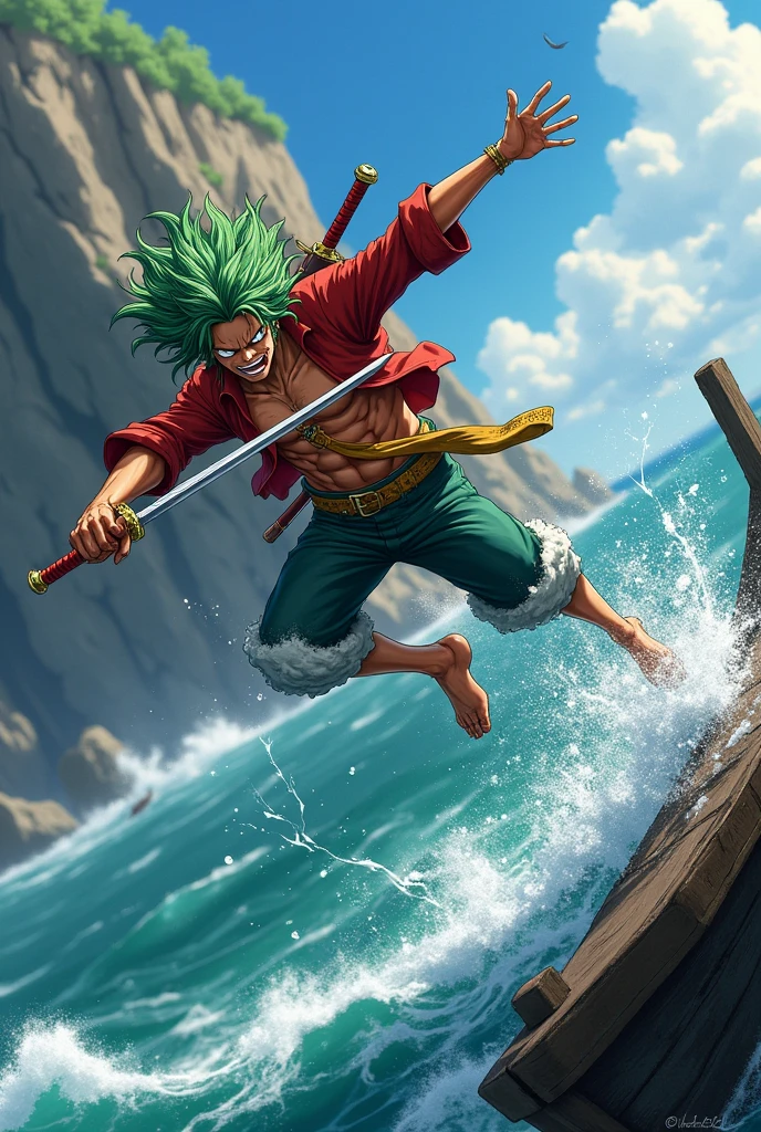 Zoro from One Piece jumping off a boat and off a cliff