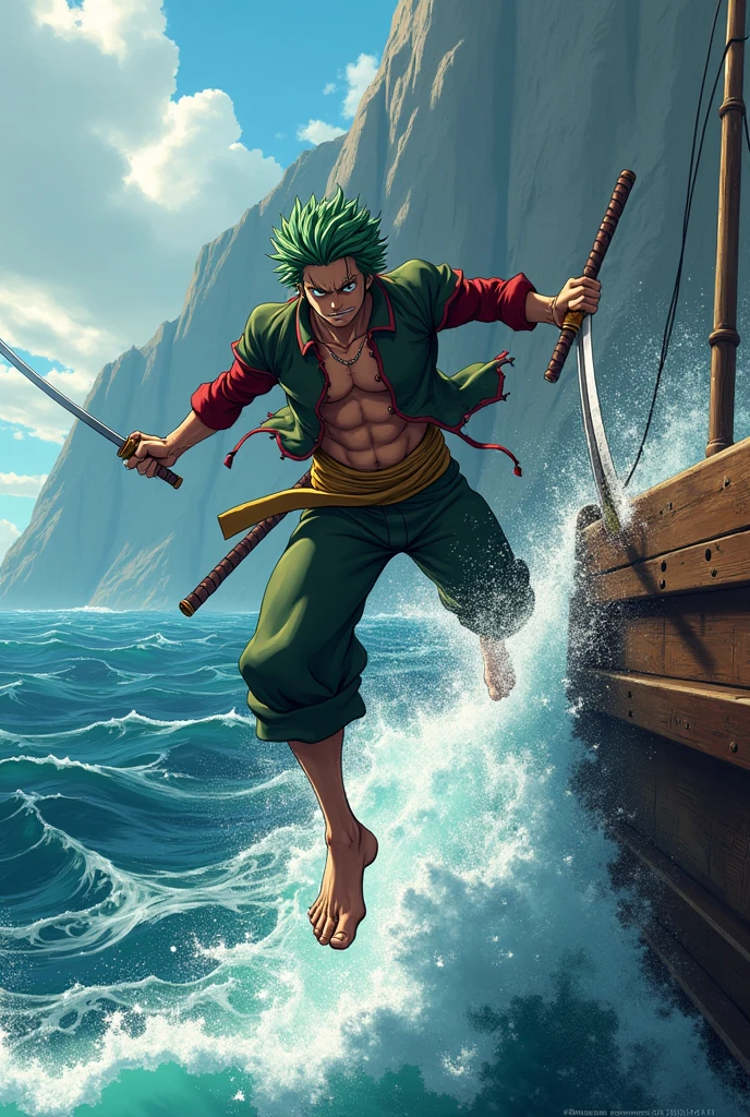 Zoro from One Piece jumping off a boat and off a cliff