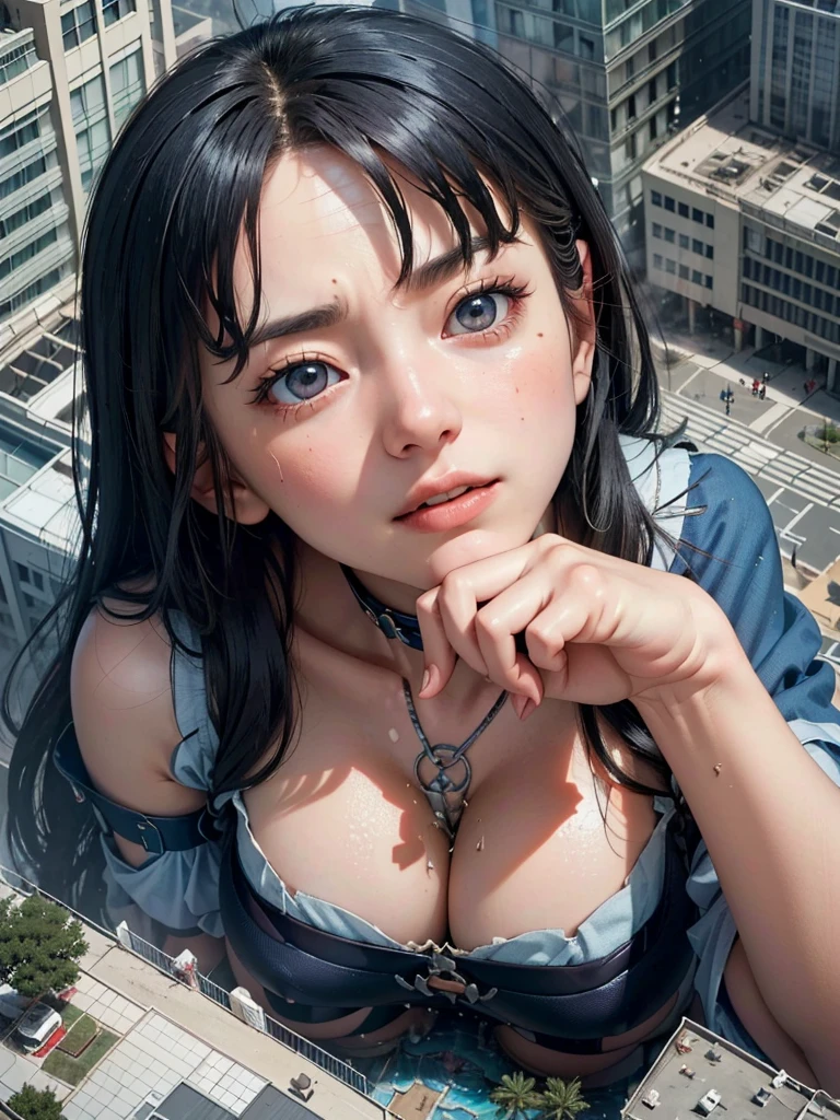 (Giant Invasion), ((Giantess, (Gemini woman), Big Breasts, J-Cup)), (2+girls), (high resolution, Film depiction), Great impact, amazing, Overwhelming destructive power, (((((Looking up at the giantess from the chest where she is))))), Low - Angle, Horror, ((5,Two giantesses from 000ft)), Destroy the city, Destroy a high-rise building, High-rise building collapses, Road collapse, Debris scattered, Rain of debris, The building is falling, An enormous foot descends from above, (The whole giant body falls face down, An enormous hand knocks down skyscrapers, The face of the giantess peering out at the city is incredibly huge.), Invincible smile