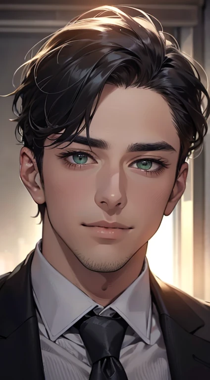 (Highest quality,4K,8K,High resolution,masterpiece:1.2),Super detailed,(Realistic,photoRealistic,photo-Realistic:1.37),1 personld,Mature Men,Beautiful skin、very handsome,Expressionless smile in love,Short gray black hair,green eyes,Sharp Eyes,A perfect face without a doubt,Businessman, CEO, Office Background,Cinema Lighting,HDR image,tie、