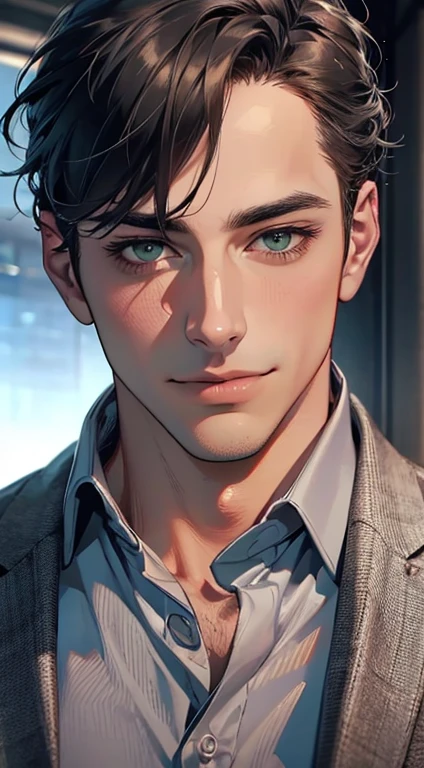 (Highest quality,4K,8K,High resolution,masterpiece:1.2),Super detailed,(Realistic,photoRealistic,photo-Realistic:1.37),1 personld,Mature Men,Beautiful skin、very handsome,Expressionless smile in love,Short gray black hair,green eyes,Sharp Eyes,A perfect face without a doubt,Businessman, CEO, Office Background,Cinema Lighting,HDR image,tie、