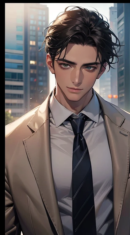 (Highest quality,4K,8K,High resolution,masterpiece:1.2),Super detailed,(Realistic,photoRealistic,photo-Realistic:1.37),1 personld,Mature Men,Beautiful skin、very handsome,Expressionless smile in love,Short gray black hair,green eyes,Sharp Eyes,A perfect face without a doubt,Businessman, CEO, Office Background,Cinema Lighting,HDR image,tie、