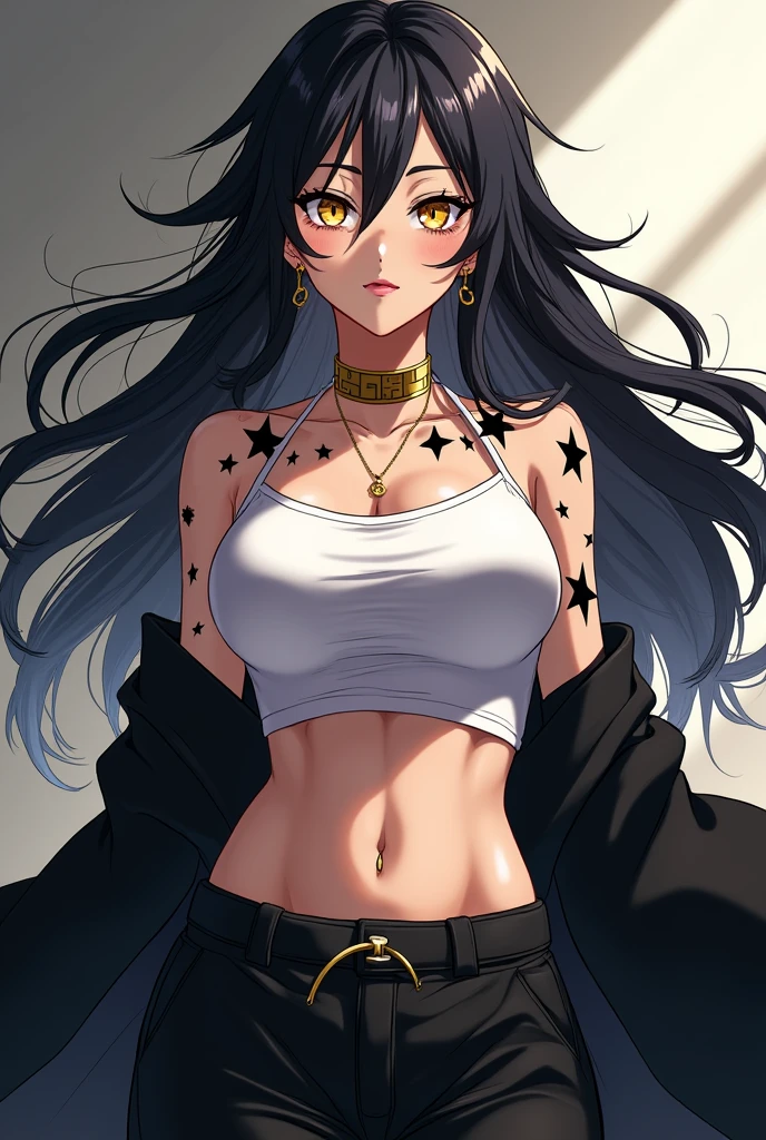 at only . Gives off a powerful and intimidating aura, She is a strong and incredibly beautiful woman. black hair with white tips was combed with loose hair, The hair ends in wavy white tips, The eyes were golden and shine like diamonds, under the eyes a black 5-pointed star as a mark on his face, has more of these stars throughout the body. She is wearing loose black pants and a white top., un haori negro. She wears a thin gold chain as a choker, in the ears earrings, some small gold hoops, She has a gold navel ring as well.. Do it like an anime character from Jujutsu Kaisen.
