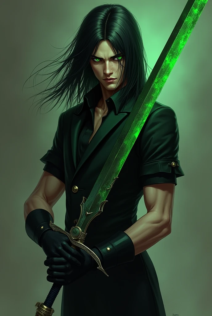 A man with long black hair with green, eye white, black gloves, black pants, black shoe, black short sleeve suit, sword with long green blade