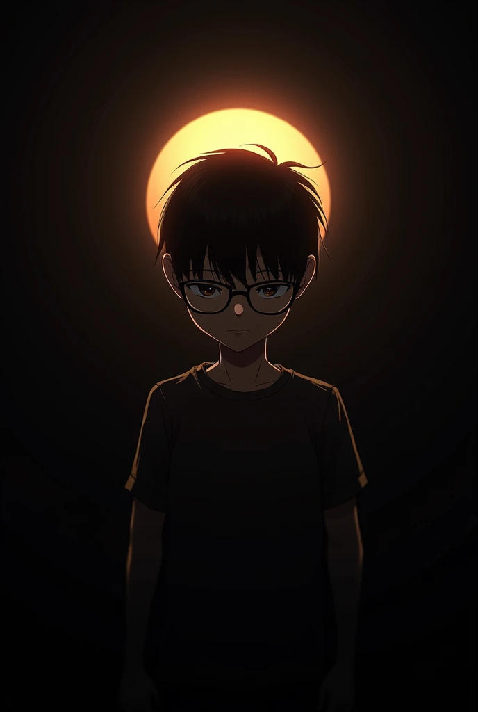 Boy with glasses with black background with sun behind him and he is sad
