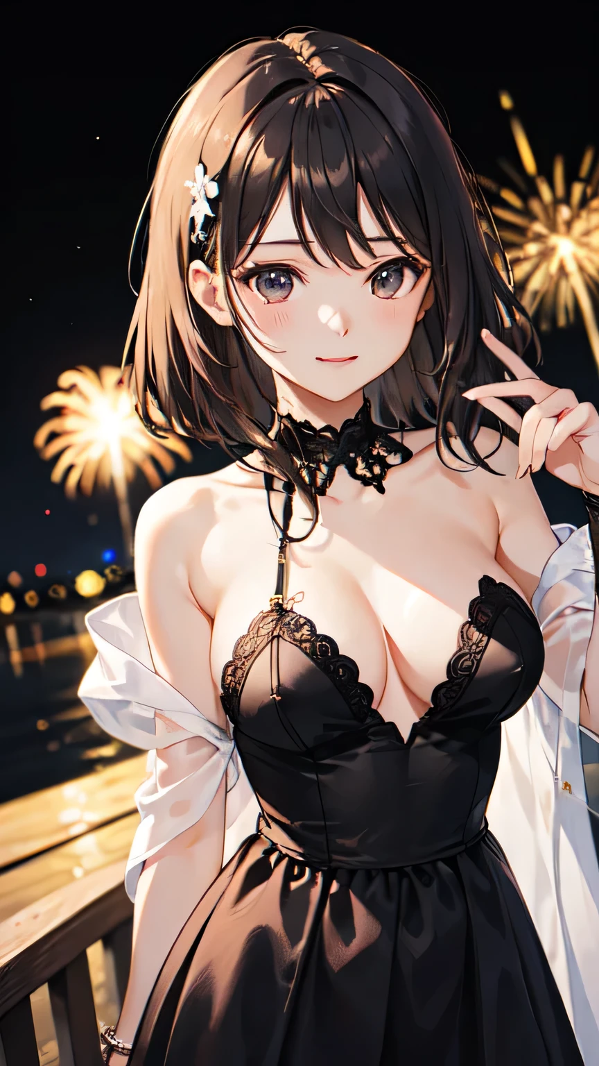 ((Highest quality)), ((masterpiece)), (detailed), one person, Almond Eye,night,My heart dances to the sound of fireworks, your smile shines on this night ,This moment seems to last forever, With you I can go anywhere, **The fireworks light up the sky, our hearts beat as one**, **With you, I feel like I can reach the stars**,Close up of face