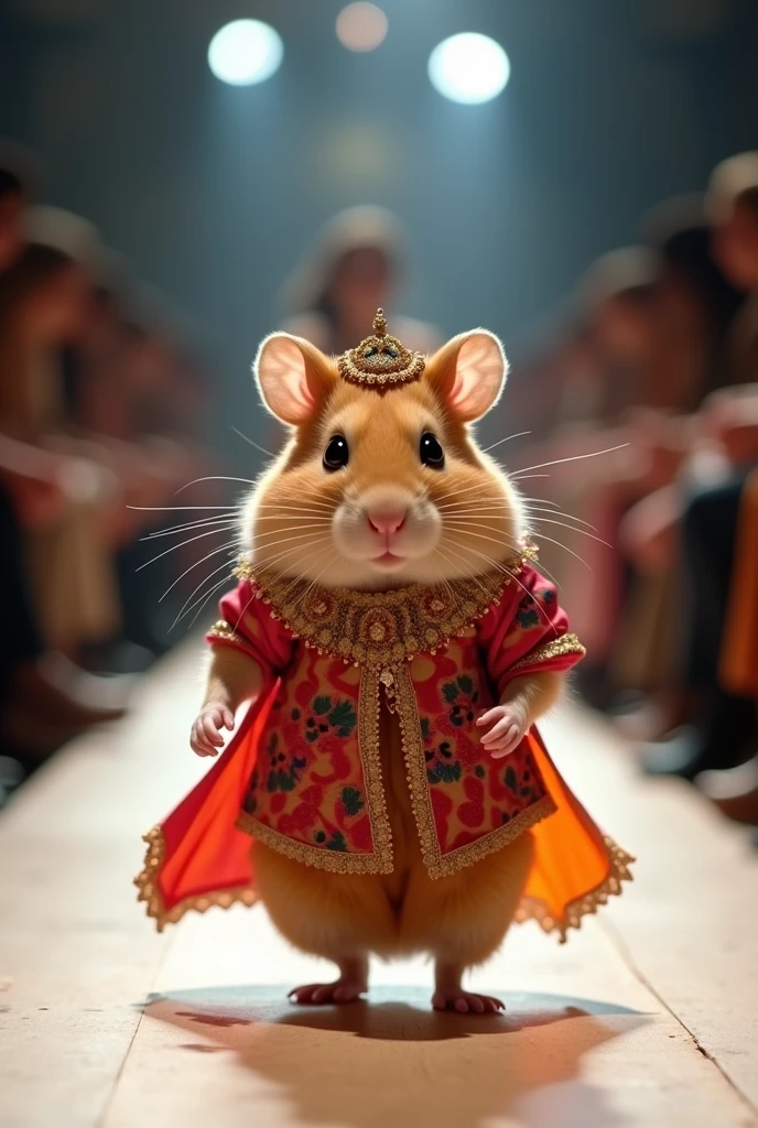 A beautiful Hamsters wearing Indian cloth walking down the runaway at a fashion show,
