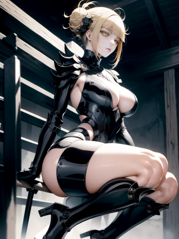 The woman in the image has a unique and unusual appearance, with an elongated body and a slender figure that seems to have been designed for speed and agility. Her legs are thin and muscular, tapering to a point at the ankles, while her long, delicate arms end in graceful hands. Her torso is narrow and flexible, allowing for a wide range of movement. Her face is large and rounded, with a small, pointed nose and expressive eyes that convey emotion. She is wearing a tight black outfit that fits her slender body, complemented by a large helmet that may be both functional and stylistic. The scene is made even more intriguing by the presence of a metal exoskeleton carrying her on her back in the shape of bones. This symbiotic relationship between women is like that of a dragon, and ends up creating something unique and beautiful. The woman's breasts are notably large, measuring 115.5 cm in diameter, adding to her impressive presence in the image. The combination of the dragon's agile strength with the woman's modern aesthetic creates a fascinating visual moment of mutual cooperation as they traverse the landscape together.,Himiko 1 girl solo bags under the eyes, yellow eyes