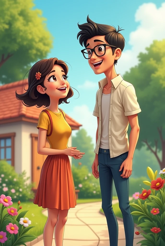 make a 34 year old woman, short and very long brown hair and a tall 3 man, Tez blanca, black hair and glasses happy outside a house in 2d animation