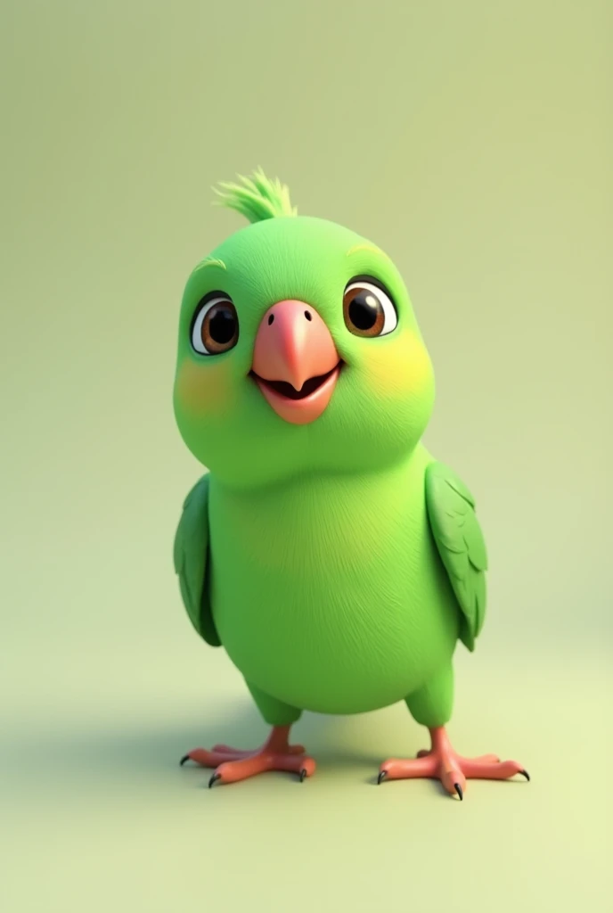 3d animation, Little green bird with a red beak, of the ring neck species Psitaculla krameri, on a neutral background