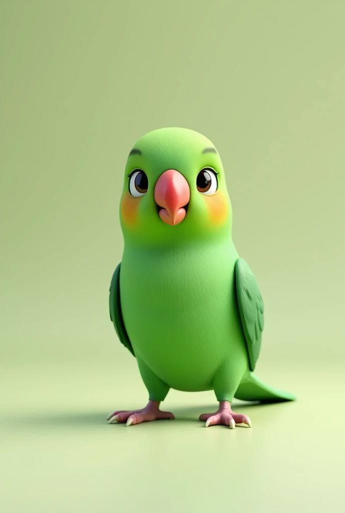 3d animation, Little green bird with a red beak, of the ring neck species Psitaculla krameri, on a neutral background