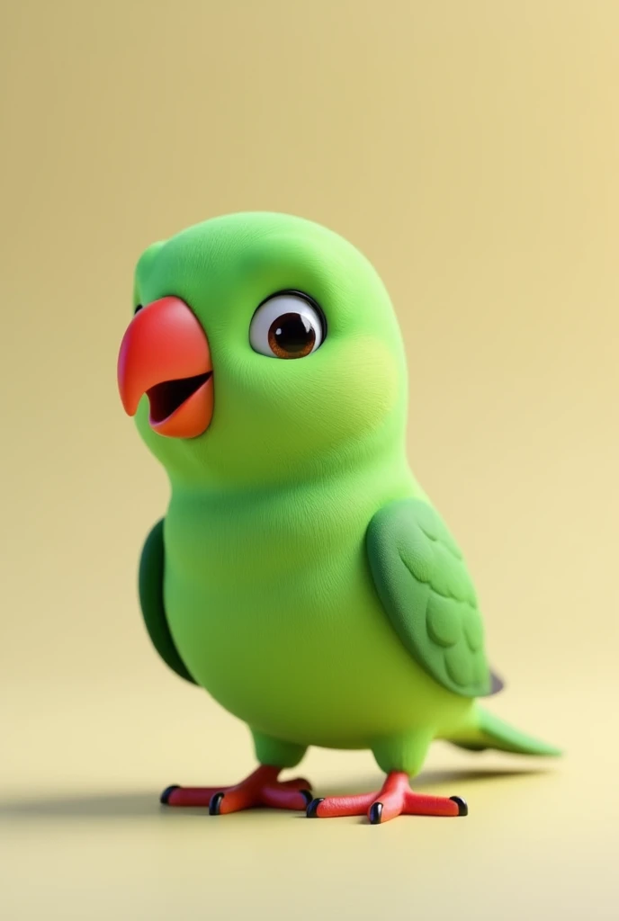 3d animation, Little green bird with a red beak, of the ring neck species Psitaculla krameri, on a neutral background
