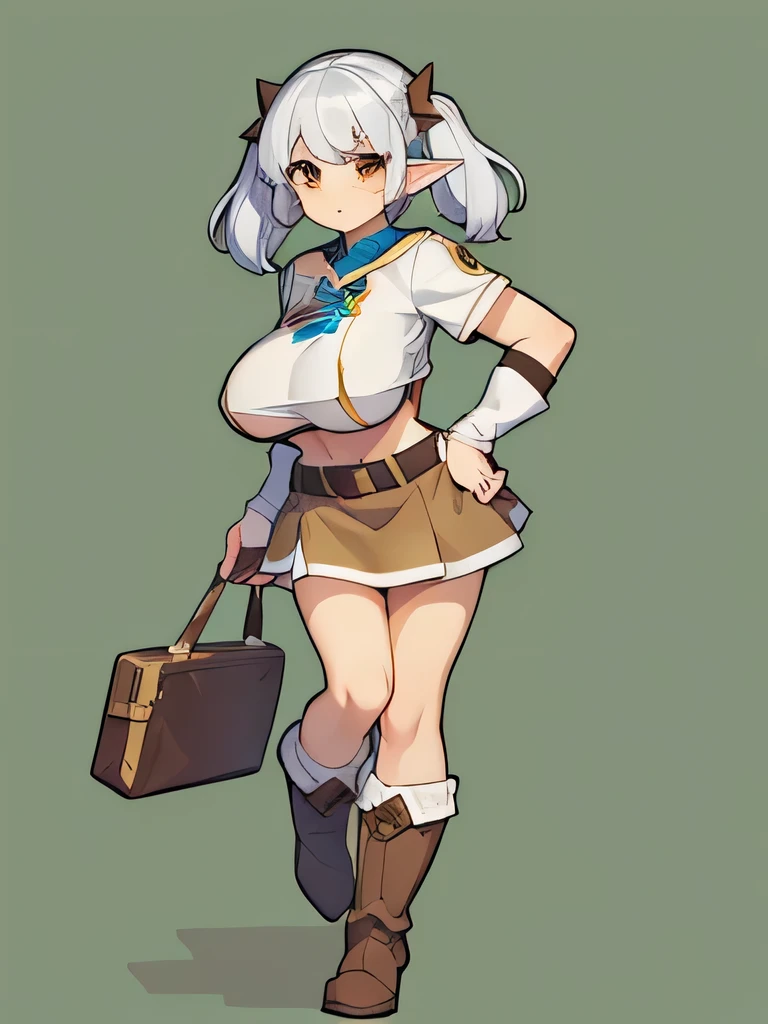 (girl tanned elf:1.1), (solo), (huge tits), (short silver hair twintails), (white crop top), (brown skirt:1.1), (long white socks), (brown boots:1.1), (fire emblem pixel art style:1.0)