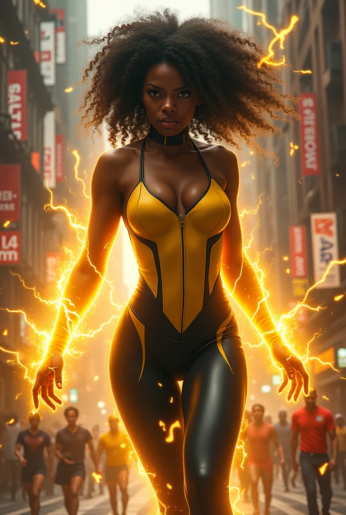 A Sultry and Beautiful young black woman with a soul of pure evil and hatred. A short thin woman ebon black curly hair, wearing a tight yellow and black skintight costume with electricity crackling across her fingertips. She is attacking costumed heroes in the city with her electric blasts.