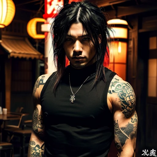 1 man, Japanese man, male, Asian eyes, muscular, broad shoulders, yakuza tattoos, hairstyle Visual Kei style, hair Visual Kei, black men's shirt and black pants, ultra detailed face, hyperrealistic, realistic representation, long hair, long hair, 30 years old, age 30 years, blonde hair