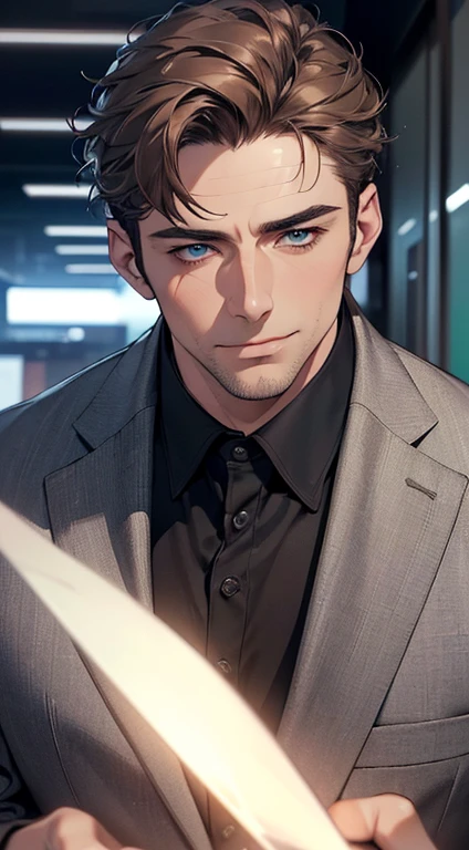 (best quality,4k,8k,highres,masterpiece:1.2),ultra-detailed,(realistic,photorealistic,photo-realistic:1.37),1 man,3,mature man,very handsome,without expression,smile,short grey brown hair,blue eyes,penetrating gaze,perfect face without errors,imposing posture,businessman,office background,cinematic lighting,hdr image