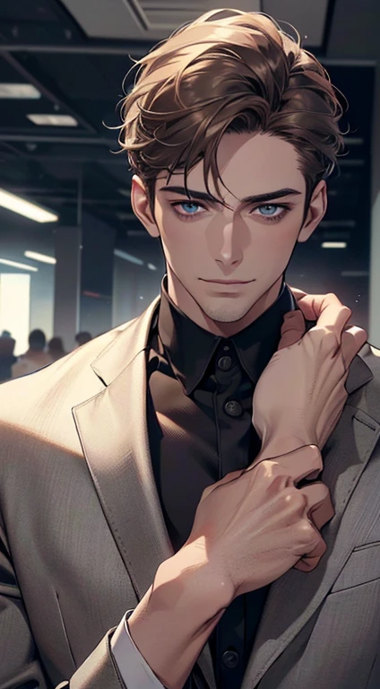 (best quality,4k,8k,highres,masterpiece:1.2),ultra-detailed,(realistic,photorealistic,photo-realistic:1.37),1 man,3,mature man,very handsome,without expression,smile,short grey brown hair,blue eyes,penetrating gaze,perfect face without errors,imposing posture,businessman,office background,cinematic lighting,hdr image