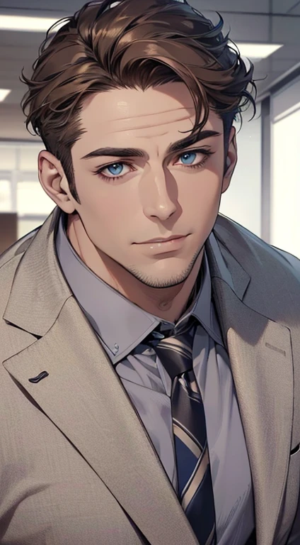 (best quality,4k,8k,highres,masterpiece:1.2),ultra-detailed,(realistic,photorealistic,photo-realistic:1.37),1 man,3,mature man,very handsome,without expression,smile,short grey brown hair,blue eyes,penetrating gaze,perfect face without errors,imposing posture,businessman,office background,cinematic lighting,hdr image