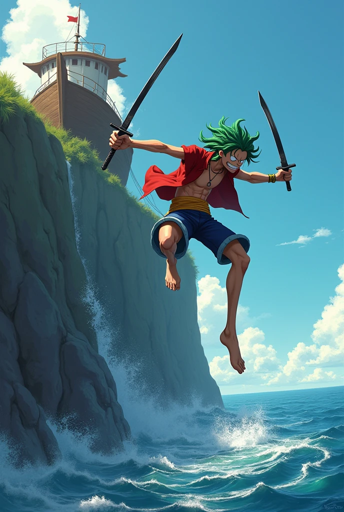 one piece zoro jumping off a boat off a cliff gif