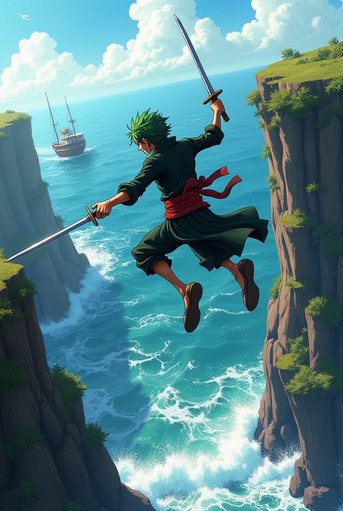 one piece zoro jumping off a boat off a cliff gif