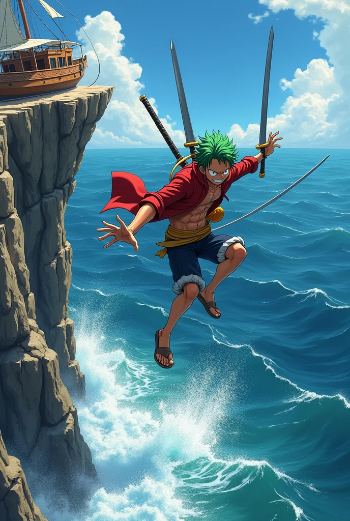 one piece zoro jumping off a boat off a cliff gif