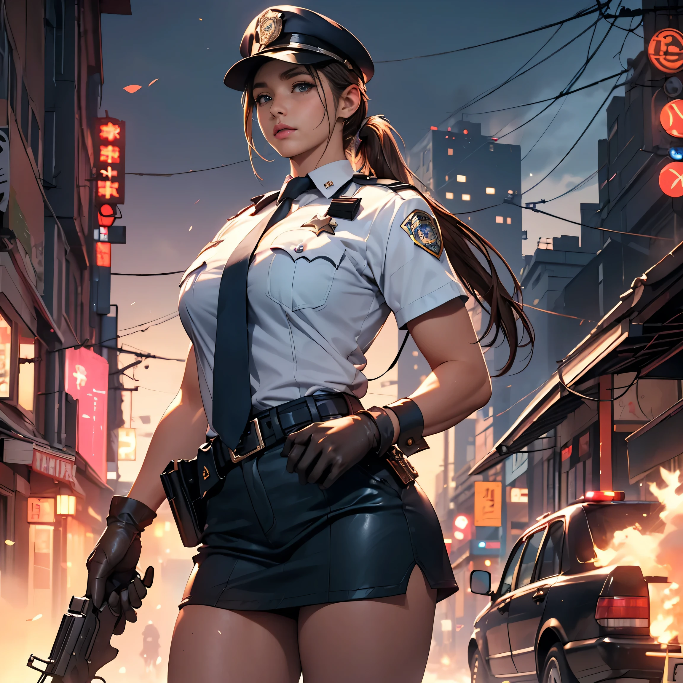 (1woman only), Pretty Caucasian (female), Sarah Shahi, a slim but muscular body, huge breasts, dark brown messy hair, blue eyes, (((perfect anatomy, super detailed skin))), 1 girl, police girl, shiny skin, large breasts:0.5, looking away, looking up, watching the view, beautiful hair, beautiful face, beautiful detailed eyes, (long hair:1.5, side ponytail:1.7), bangs, hair between eye, red eyes, beautiful clavicle, beautiful body, beautiful chest, beautiful thighs, beautiful legs, babyface, mole under eye, ((policewoman uniform, light blue short sleeved shirt, navy necktie, high waisted sexy miniskirt), belt, white gloves, police hat, handcuffs), seductive thighs, ((holding police stick in hand or handgun))), , (beautiful scenery), wasteland, burning city, 8k, top-quality, masterpiece:1.2, extremely detailed), (realistic, photorealistic:1.2), beautiful illustration, cinematic lighting, exposed sexy thighs, full body view, far away view,