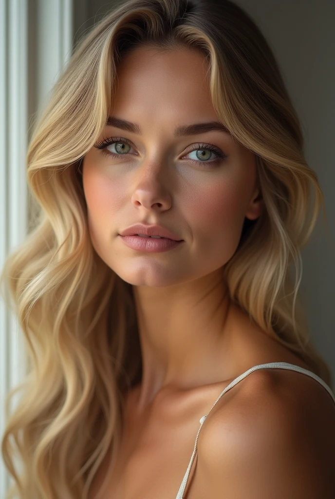 Visage femme blonde française, très attirante et belle, levres pulpeuses, regard seducteur, sourcil épais, légèrement joufflu