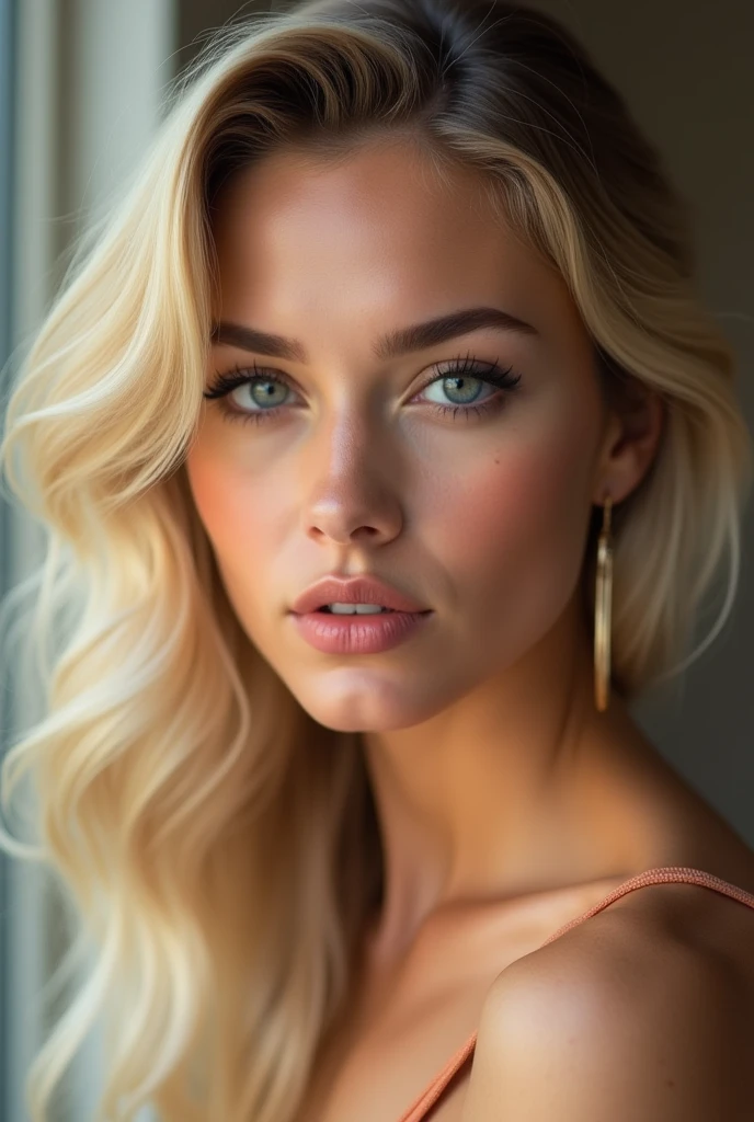 Visage femme blonde française, très attirante et belle, levres pulpeuses, regard seducteur, sourcil épais, légèrement joufflu