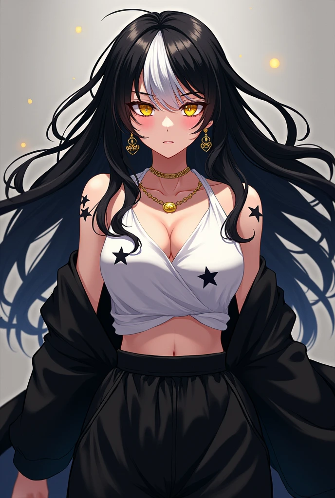 at only . Gives off a powerful and intimidating aura, She is a strong and incredibly beautiful woman. black hair with white tips was combed with loose hair, The hair ends in wavy white tips, The eyes were golden and shine like diamonds, under the eyes a black 5-pointed star as a mark on his face, has more of these stars throughout the body. She is wearing loose black pants and a white top., un haori negro. She wears a thin gold chain as a choker, in the ears earrings, some small gold hoops, She has a gold navel ring as well.. Do it like an anime character from Jujutsu Kaisen.