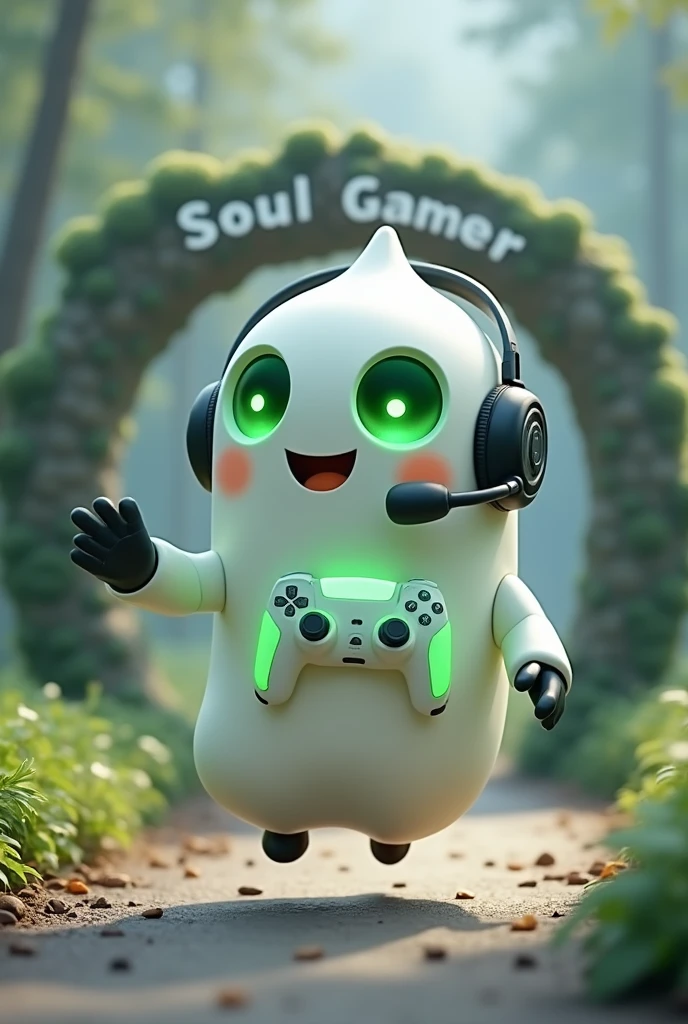 Create a tall robot mascot with a ghost-like appearance. Resembling a drop. On his hands he has five well-defined fingers. His facial expression has large, green eyes with a glow, conveying a friendly and cheerful expression. He has a small open mouth with a happy smile and flushed cheeks.. Its body is white with small green details and a smooth, slightly shiny texture.. He has a headset on his head with an adjustable microphone positioned close to his mouth.. And on his chest you can see the illuminated shape of a Playstation 5 controller in fluorescent green.. It floats in the air, as if he were ready for an adventure. Behind the character you can see a portal and on it is written "Soul Gamer"