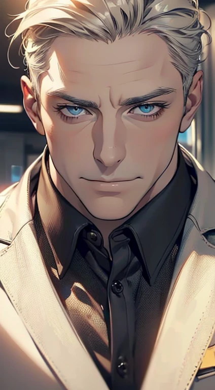 (best quality,4k,8k,highres,masterpiece:1.2),ultra-detailed,(realistic,photorealistic,photo-realistic:1.37),1 man,3,mature man,very handsome,without expression,smile,short grey golden hair,blue eyes,penetrating gaze,perfect face without errors,imposing posture,businessman,office background,cinematic lighting,hdr image