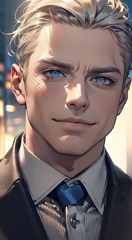 (best quality,4k,8k,highres,masterpiece:1.2),ultra-detailed,(realistic,photorealistic,photo-realistic:1.37),1 man,3,mature man,very handsome,without expression,smile,short grey golden hair,blue eyes,penetrating gaze,perfect face without errors,imposing posture,businessman,office background,cinematic lighting,hdr image