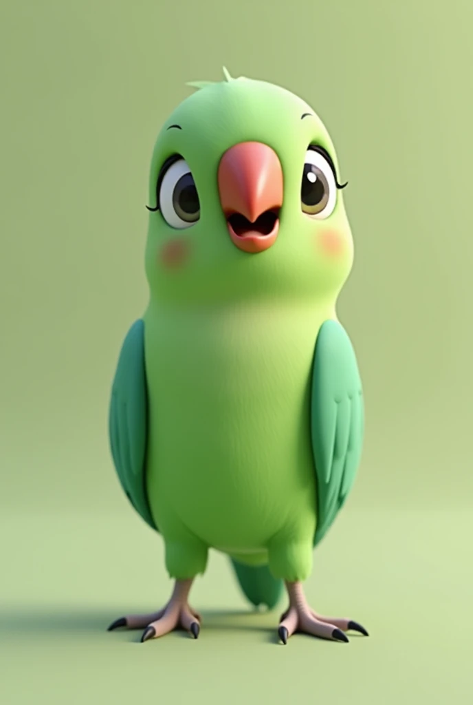 3d animation, Little green bird with a red beak, of the ring neck species Psitaculla krameri, on a neutral background