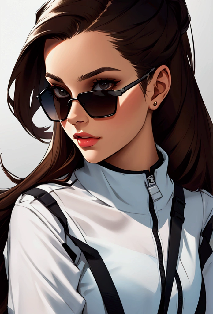 Create a complete profile of a young woman with dark brown hair, to wear black sunglasses