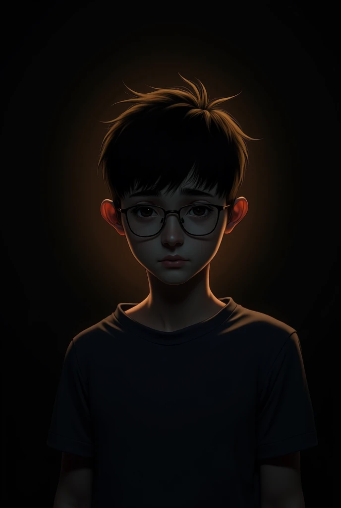 Boy with glasses with black background with sun behind him and he is sad and his face is hidden and a young boy and black shiry