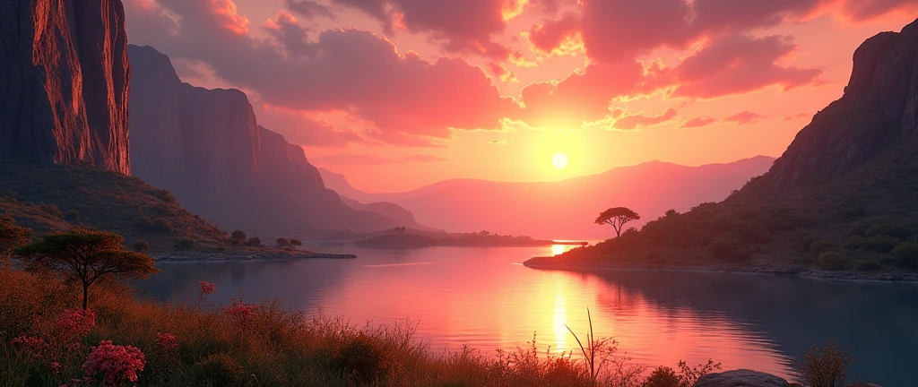 A scenic landscape of the African wilderness, a beautiful sunrise over a tranquil lake, peaches on one side of the scene, dramatic cinematic lighting, majestic rock formations, no animals or evil, breathtaking view, extreme detail, (best quality, 4k, 8k, high definition, masterpiece: 1.2), extreme detail, (realistic, realistic, photorealistic: 1.37), dramatic lighting, cinematic composition Pixar style close to the Lion King animation The land area is larger than the lake Trees and rocks Attention to precise theatrical perspective High quality on the scale of theatrical design Clear details