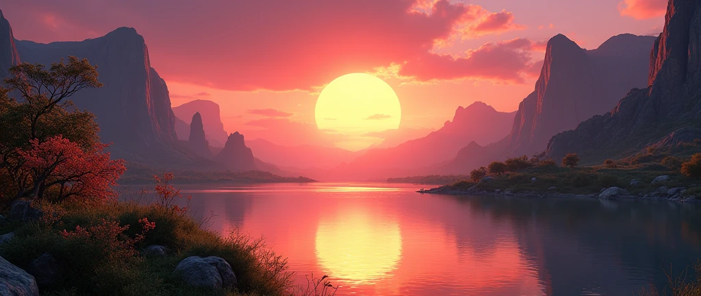 A scenic landscape of the African wilderness, a beautiful sunrise over a tranquil lake, peaches on one side of the scene, dramatic cinematic lighting, majestic rock formations, no animals or evil, breathtaking view, extreme detail, (best quality, 4k, 8k, high definition, masterpiece: 1.2), extreme detail, (realistic, realistic, photorealistic: 1.37), dramatic lighting, cinematic composition Pixar style close to the Lion King animation The land area is larger than the lake Trees and rocks Attention to precise theatrical perspective High quality on the scale of theatrical design Clear details