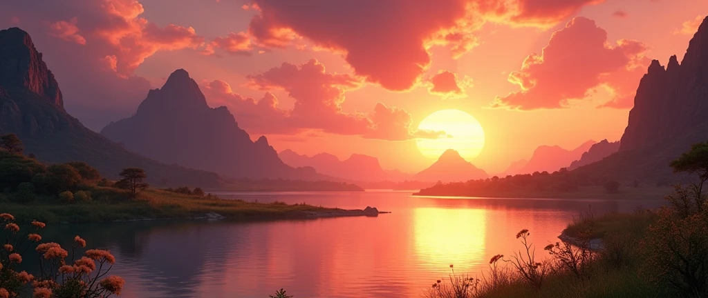 A scenic landscape of the African wilderness, a beautiful sunrise over a tranquil lake, peaches on one side of the scene, dramatic cinematic lighting, majestic rock formations, no animals or evil, breathtaking view, extreme detail, (best quality, 4k, 8k, high definition, masterpiece: 1.2), extreme detail, (realistic, realistic, photorealistic: 1.37), dramatic lighting, cinematic composition Pixar style close to the Lion King animation The land area is larger than the lake Trees and rocks Attention to precise theatrical perspective High quality on the scale of theatrical design Clear details