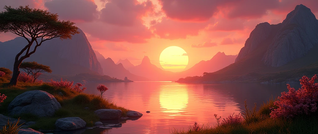 A scenic landscape of the African wilderness, a beautiful sunrise over a tranquil lake, peaches on one side of the scene, dramatic cinematic lighting, majestic rock formations, no animals or evil, breathtaking view, extreme detail, (best quality, 4k, 8k, high definition, masterpiece: 1.2), extreme detail, (realistic, realistic, photorealistic: 1.37), dramatic lighting, cinematic composition Pixar style close to the Lion King animation The land area is larger than the lake Trees and rocks Attention to precise theatrical perspective High quality on the scale of theatrical design Clear details
